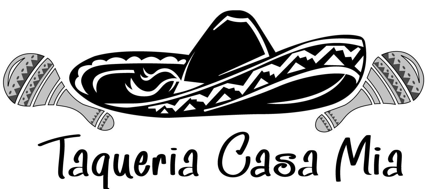 Transparent Taqueria Casa Mia logo with sombrero and maracas